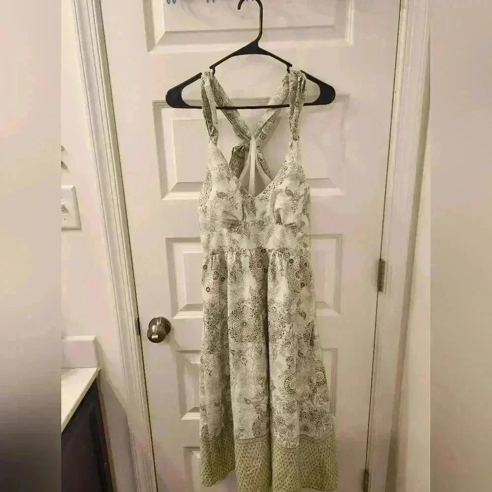 Alyn Paige Size S Maxi Dress Cross Back Floral Green VTG V Neck #Z574